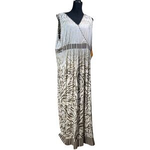 Ruby Rd 2X Maxi Dress Tan White Abstract Animal Print Sleeveless earthy summer